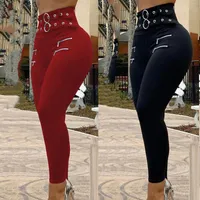 Women's Jeans Woman High Waist Workout Out Leggings Fitness Zipper Design Skinny Pants Eyelet O Ring