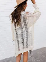 Women's Swimwear Women's Sexy Knitted Cover-ups Boho Clothing Tunic For Beach Long Sleeve Pareo Wear See Through Kaftan Bathing Suits