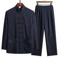 Ethnic Clothing 2022Chinese Style Men Retro Cotton Shirt Pants Tang Suit Mandarin Collar Traditional Set Male Casual Loose Tai Chi