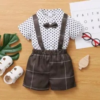 Clothing Sets Kids Boys Gentleman Outfit Dot Print Short Sleeve T-shirt With Bowtie And Casual Suspender Shorts Set