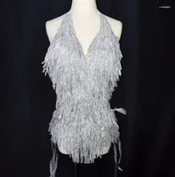 Stage Wear Sparkly Silver Tassel Women's Bodysuit Bling Rhinestones Sexy Costume Nightclub Dance Show Party Celebrate Outfit LeotardStag