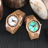 Wristwatches Men's Wood Quartz Wristwatch Marble Jade Green Dots Dial Retro Watch For Men Women Brown Leather Natural Wooden Timepiece