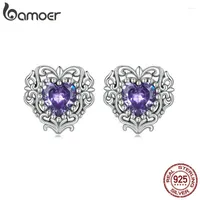 Stud Earrings Bamoer 925 Sterling Silver Bright Purple Zircon Love For Women Vintage Textures Fine Jewelry Gift BSE695