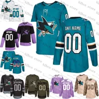 hockey 2019 fights cancer practice Custom San Jose Sharks mens womens youth Teal Green Black camo Personalized ice Hockey Jerseys Stitched S