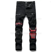 Men's Jeans Men's Stitching Color Matching Black Mens Zipper Patch Scottish Plaid Print High Street Slim Denim Pants Streetwear