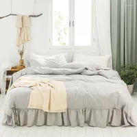 Bedding Sets Yellow White Gray Blue Soft Polyester Cotton Girl Set Solid Color Ruffles Duvet Cover Bed Linen Fitted Sheet Pillowcases