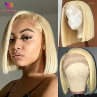 Straight Human Hair Lace Frontal Wigs Pre Plucked Short Bob 13x4 Blonde Brazilian Front Wig Remy