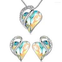 Necklace Earrings Set Fashion Silver Love Heart Crystal Stud Pendant Birthstone Jewelry Gifts For Women