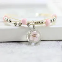 Charm Bracelets Dried Flowers Cherry Blossoms Glass Ball For Women Handmade Jewelry Ceramic Beads Fashion &amp;bangle Pink Blue