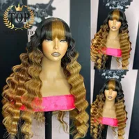 Topnormantic Honey Blonde Colored Brazilian Wig With Bangs 13x4 Lace Front Human Hair For Women Remy Glueless