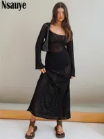 Dresses Nsauye 2022 Maxi Sexy Knitted Casual Beach Long Sleeve Slim Dress Women Hollow Out Cover Up 2022 Party Black Summer Long Dresses