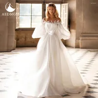 Wedding Dress Aedmgh A-Line Matte Satin Dresses 2022 Off The Shoulder Detachable Lantern Sleeve Robe De Mariee Appliques Bridal