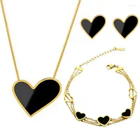 Necklace Earrings Set Stainless Steel Trend Black Big Heart PendantBracelet Stud Women's Wedding Jewelry