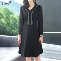 Dresses V-neck Black Office Lady Long Sleeved Dress Fashion New Autumn Empire Slim Pullover Popularity Wild Solid Color Women's Clothing