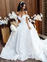 White Ivory Lace Wedding Dresses Elegant Off Shoulder Arabic A Line Appliques Ruched Long Train Bridal Gowns