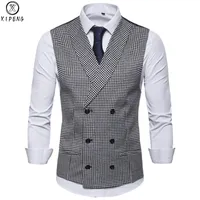 Mens Slim Fit Double Breasted Suit Vest 2019 Fashion Classic Houndstooth Sleeveless Waistcoat for Men Party Wedding Dress Vests227L