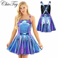 Dresses Womens Shiny Metallic Holographic Adjustable Wide Shoulder Straps Pleated Bib Overall Pinafore Dress Braces Suspender Dress