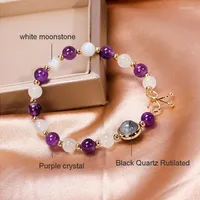 Strand Korean Fashion Bowknot White Moonstone Purple Crystal Black Quartz Rutilated Beads Gold Color Bracelet Women Boho Jewelry
