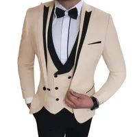 Suit Men 3 Pieces Slim Fit Business Casual Notched Lapel Groomsmen Beige Black Grey Tuxedo for Wedding Jacket Vest Pants 286k