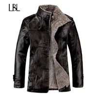Vintage PU Leather Jackets Men's Winter Warm Thicken Faux Fur Fleece Liner Men Jacket Windproof Stand Collar Slim Fit Male Co270o