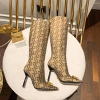 Jacquard pattern stiletto heels tall boots F'end'ace Medusa embellished Back zip Buckle shoes pointed Toe Knee-high boot luxury designers shoe women factory footwear