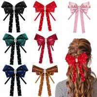 Big Velvet Rhinestone Bow Hair Clips For Women Girls Korean Tassel Long Ribbon Hairpins Barrettes Kids Hair Accessories