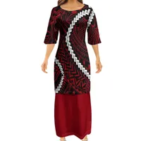 الفساتين النمط الأحمر النمط العرقي البولينيزي القبلي O-neck pultasi نساء رخيصة الفستان نصف الأكمام أعلى تنورة