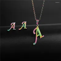 Necklace Earrings Set 26 Letter Colorful Stainless Steel For Women Men Alphabet Initial Chain Pendant Kids Gift