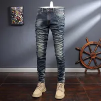 Men's Jeans Men's Ly Vintage Fashion Men Retro Blue Elastic Slim Fit Ripped Italian Style Designer Casual Denim Pants Hombre