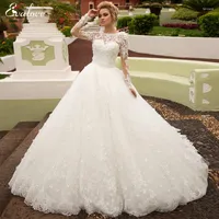 Wedding Dress EVALOVE Gorgeous Appliques Full Sleeve Ball Gown 2022 Elegant Scoop Neck Lace Up Court Train Vintage Bridal