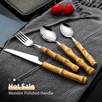 Dinnerware Sets 3Pcs Set Bamboo Handle Tableware Set Steak Knives Cutlery Gold Stainless Steel Flatware For