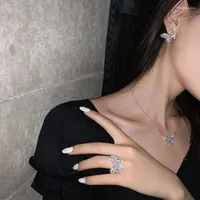 Necklace Earrings Set & Korean Fashion Jewelry Luxury Shiny Butterfly Open Ring Clavicle Female Prom JewelryEarrings