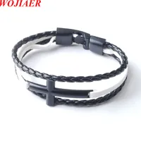 Luxury Multi-layer Cross Design Classic Leather Bracelet Stainless Steel Men's Black Rope Braided Christmas Gifts BC013
