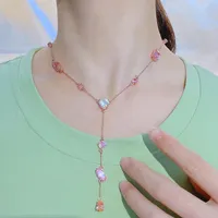 Necklace Earrings Set Foydjew Cute Candy Pink Crystal Bracelets Luxury Design Rose Gold Color Zircon Female Clavicle Chain Sets