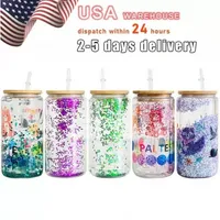 USA Warehouse Sublimation Mugs 16oz Glass Tumbler Juice Can Double Wall Mug Snow Globe with Bamboo Lid Plastic Straw Cup With Hole b103
