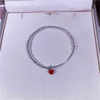 Simple S925 Sterling Silver Elastic Rope Peach Heart Bead Elbow Bracelet Sweet Versatile Love Jewelry Girl