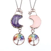 5 Pcs Crescent Moon Neclace Pendant Amethyst Stone with Tree of Life Healing Chakra Copper Classic Style Jewelry