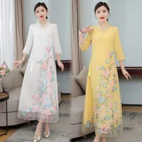 Kl￤nningar kinesisk stil Hanfu Kvinnors 2022 Summer Ethnic Young Embroidered Dress Zen Tea Long Elegant Fashion Stand Collar Clothing H1126