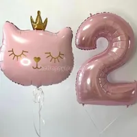 Party Decoration 3Pcs Crown Cat Head Balloon Aluminum Foil Balloons 40inch Pink Number 1-9 Years Birthday Decor Baby Shower Girls