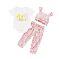 Clothing Sets Easter Born Baby Girl Three-Piece Outfits Letter Print Short Sleeve Romper Trousers Cute Ears Hat