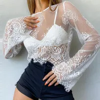 Women's T Shirts Women's Women Sexy Hollow Out Crop Tops Long Sleeve Round Neck Floral Lace T-shirts For Spring Summer