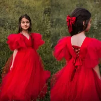 Girl Dresses Chic Red Tulle Flower Ruffles Ball Gown Little Wedding Dress Communion Birthday Poshoot Gowns