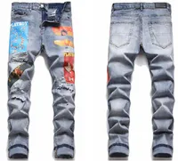 Men's Jeans Male Ripped Patch Trend Elastic Light Blue Slim-fit Feet Trousers Printing All-match Denim Pants MM30GG99