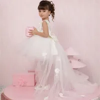 Girl Dresses Toddler Detachable Train White Flower For Wedding Appliques Bow Tulle Bridesmaid Dress