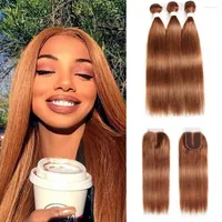 Human Hair Bulks Brazilian Straight Bundles With Closure SOKU 3 4PCS Brown Weave Non-Remy
