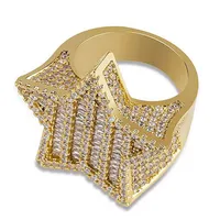 Mens Iced Out 3D Gold Super Star Rings Micro Pave Cubic Zirconia 14K Gold Plated Simulated Diamonds Hip hop Ring with gift box277J