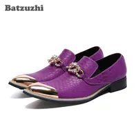 Batzuzhi Fashion Men Shoes Luxury Handmade Leather Dress Shoes Pointed Toe Purple Business Flats Shoes for Party and Wedding Men263a