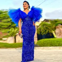 Party Dresses Royal Blue Sequined Mermaid Prom With Puffy Sleeves Aso Ebi Cocktail Gowns Evening Dress Plus Size African Women