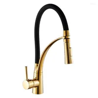 Kitchen Faucets Deck Mount Single Handle Stream Sprayer Mixer Tap Pull Down Faucet Black Golden Finish 2-Function Water Outlet