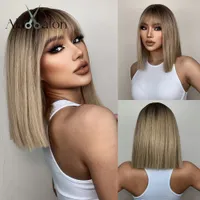 LX Brand Blonde Synthetic Bangs Wigs Short Straight Mixed Brown Wigs for Black Women Daily Cosplay Party Use Heat Resistantfactory direct